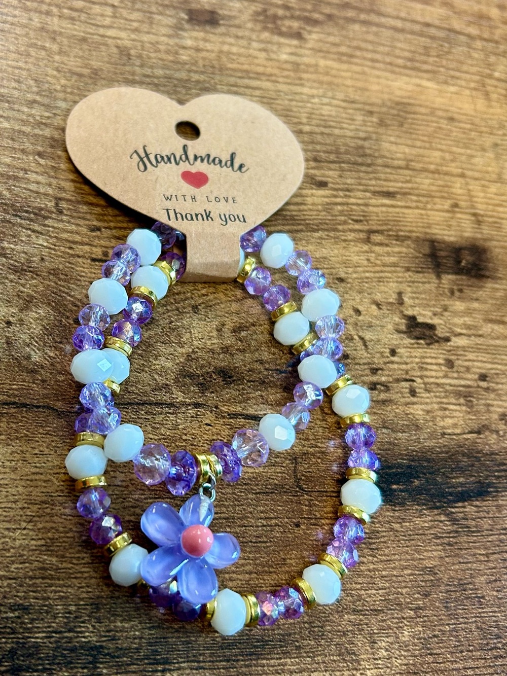 Handmade Mommy & Me Lavender Flower Beaded Bracelet with Gold Accents